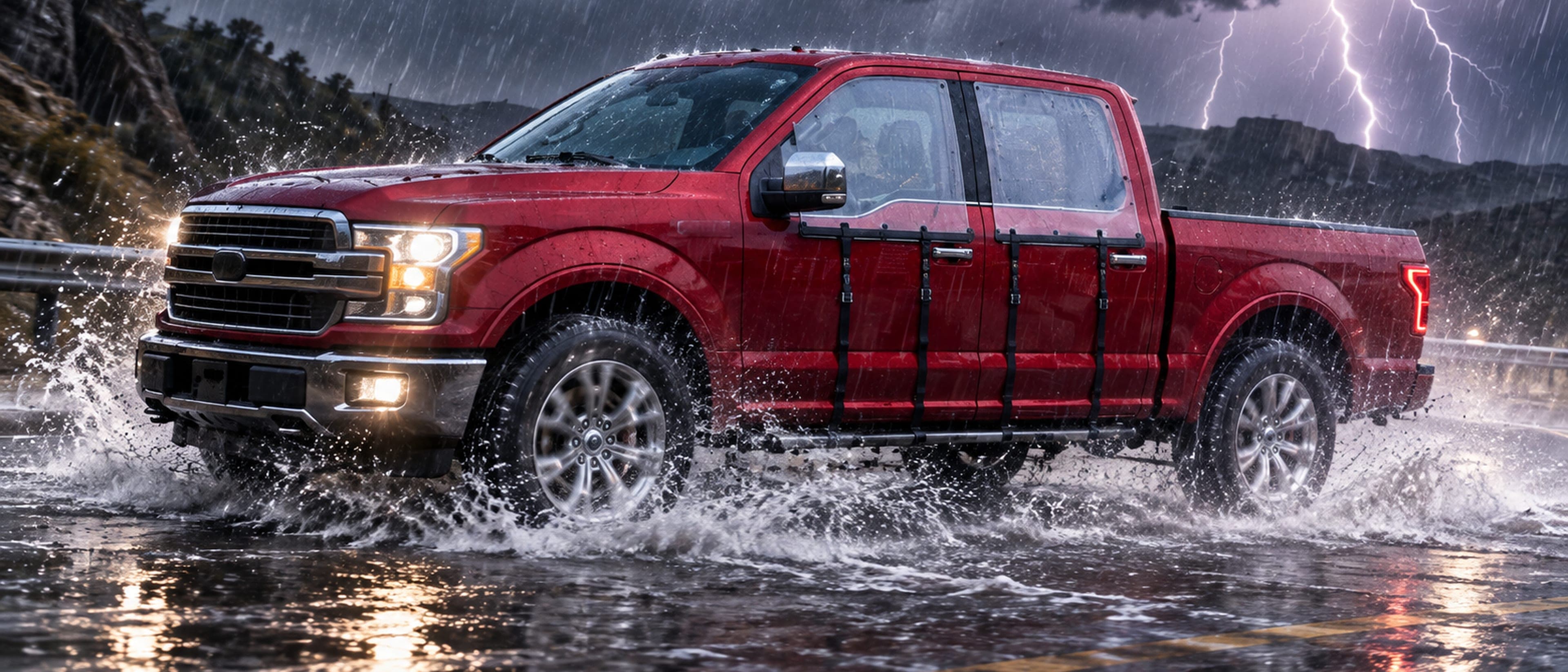 A red pickup with a WHIP guard on each door driving through standing water, spray flying, lightning behind the hills