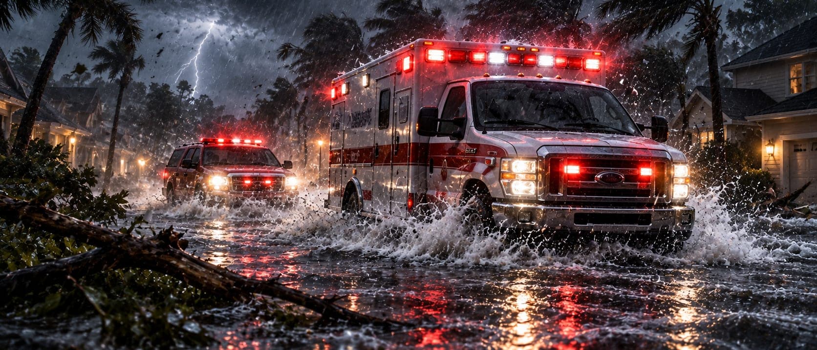 An ambulance with a red fire command SUV behind it driving a flooded street between bent palms at night, both with their lights on