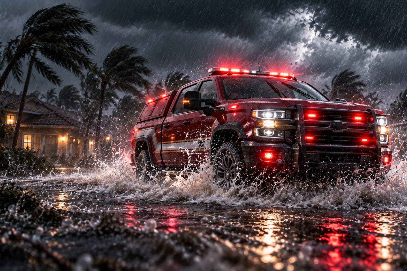 A fire department command pickup with its lights on in a hurricane at night, water spraying from the wheels
