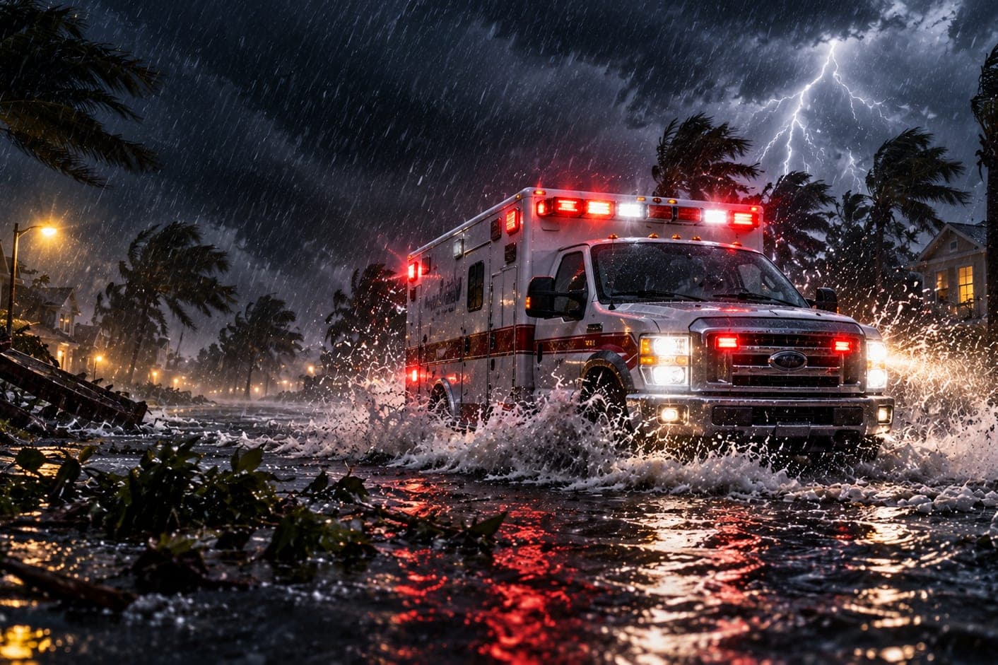 An ambulance with its lights on in a hurricane at night, water spraying from the wheels and debris on the street