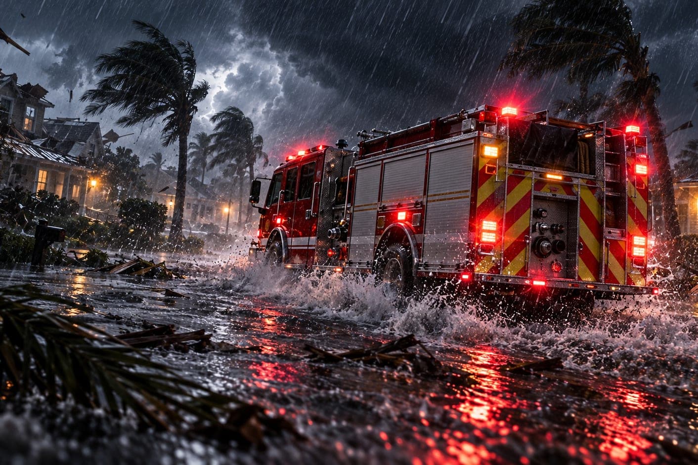 A fire engine with its lights on in a hurricane at night, water spraying from the wheels and debris on the street