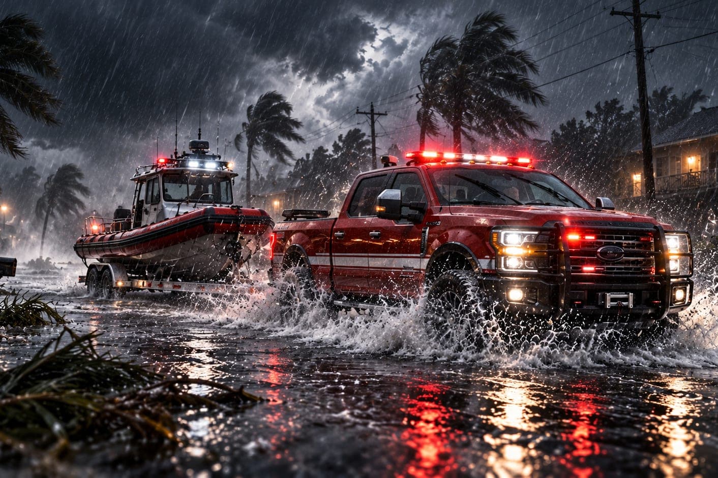 A pickup towing a rescue boat through a hurricane at night, lights on and water spraying from the wheels