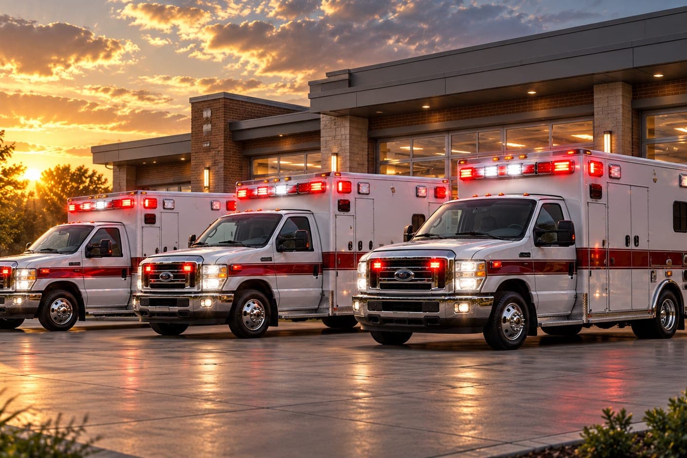 A row of ambulances parked outside their station at sunset, lights on