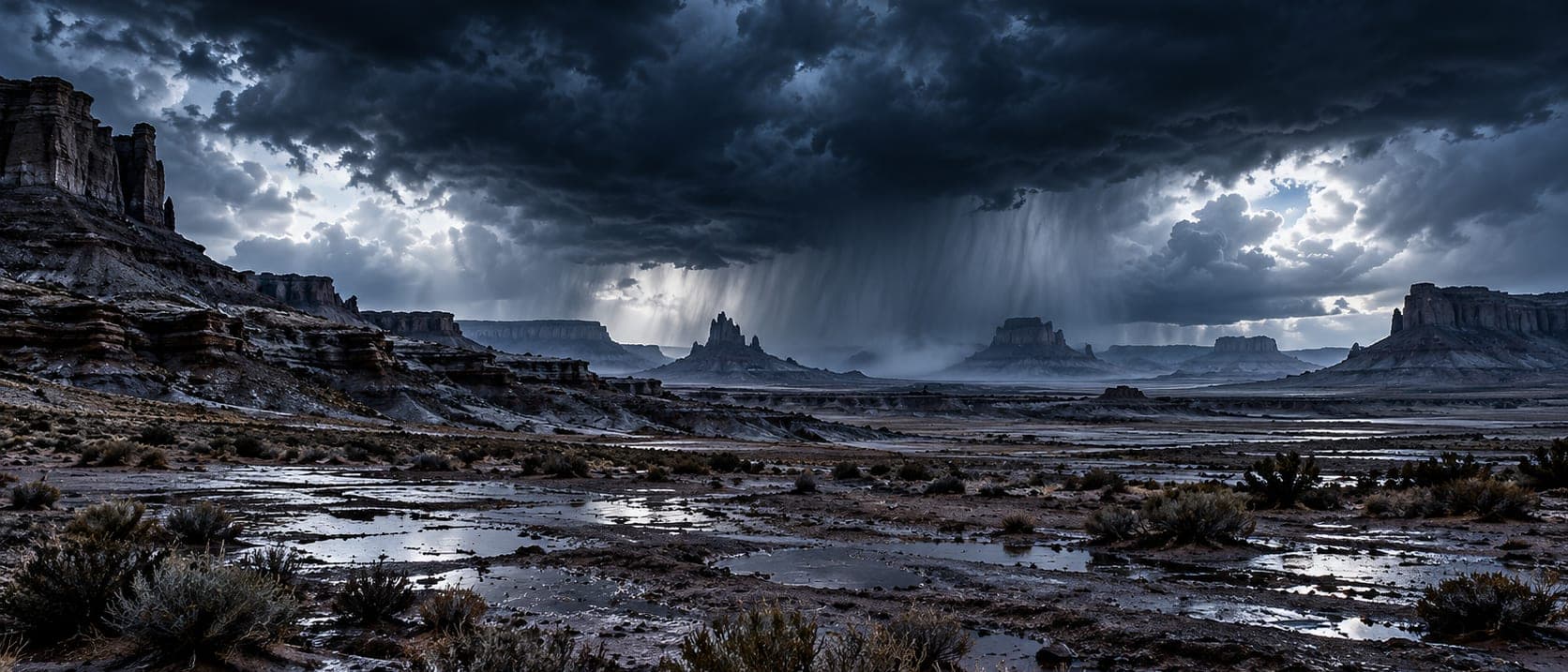 Desert buttes and mesas under a dark thunderstorm, rain shafts falling and puddles across the scrubland