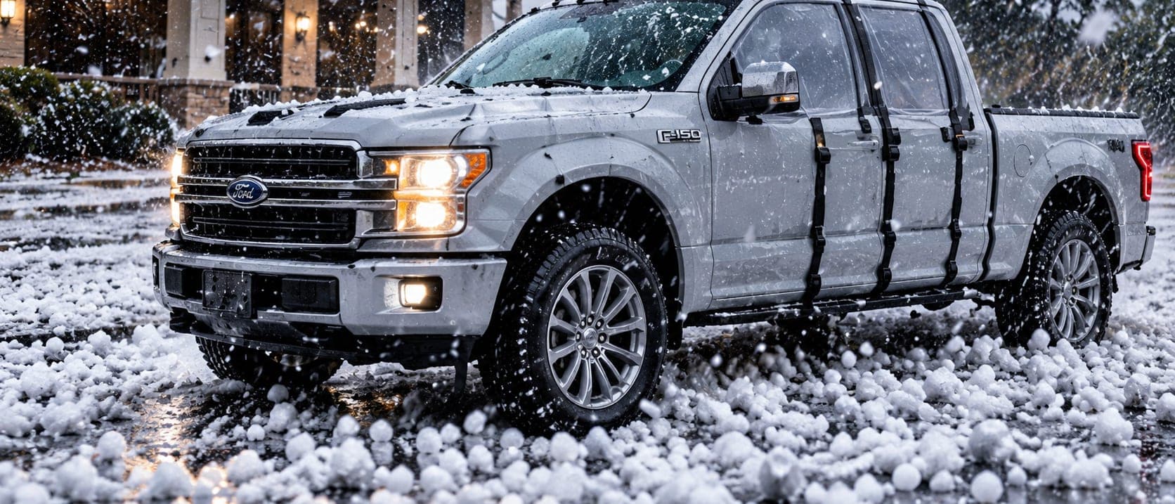 A silver pickup with WHIP guard straps over its doors, hail piled on the ground around its wheels