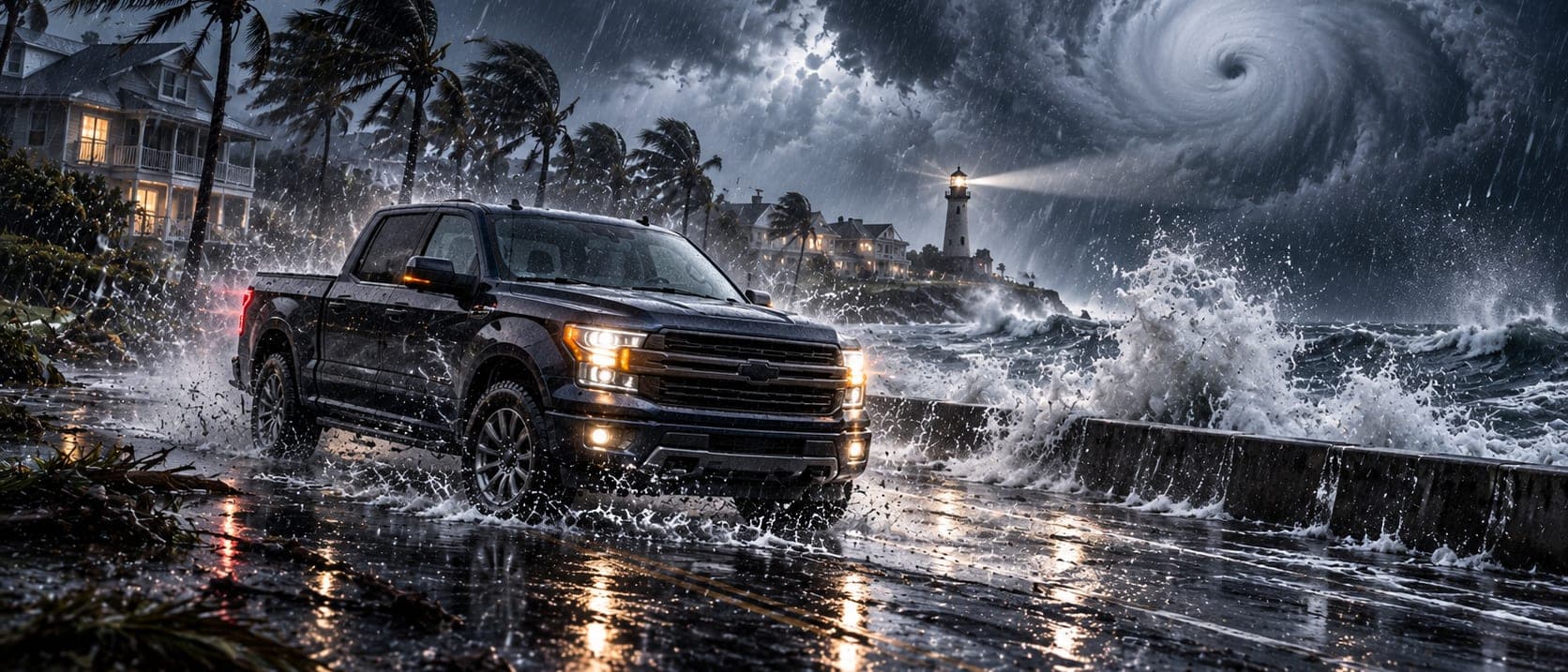 A black pickup on a seawall road as waves crash over the wall, a lighthouse behind and a hurricane spiral overhead