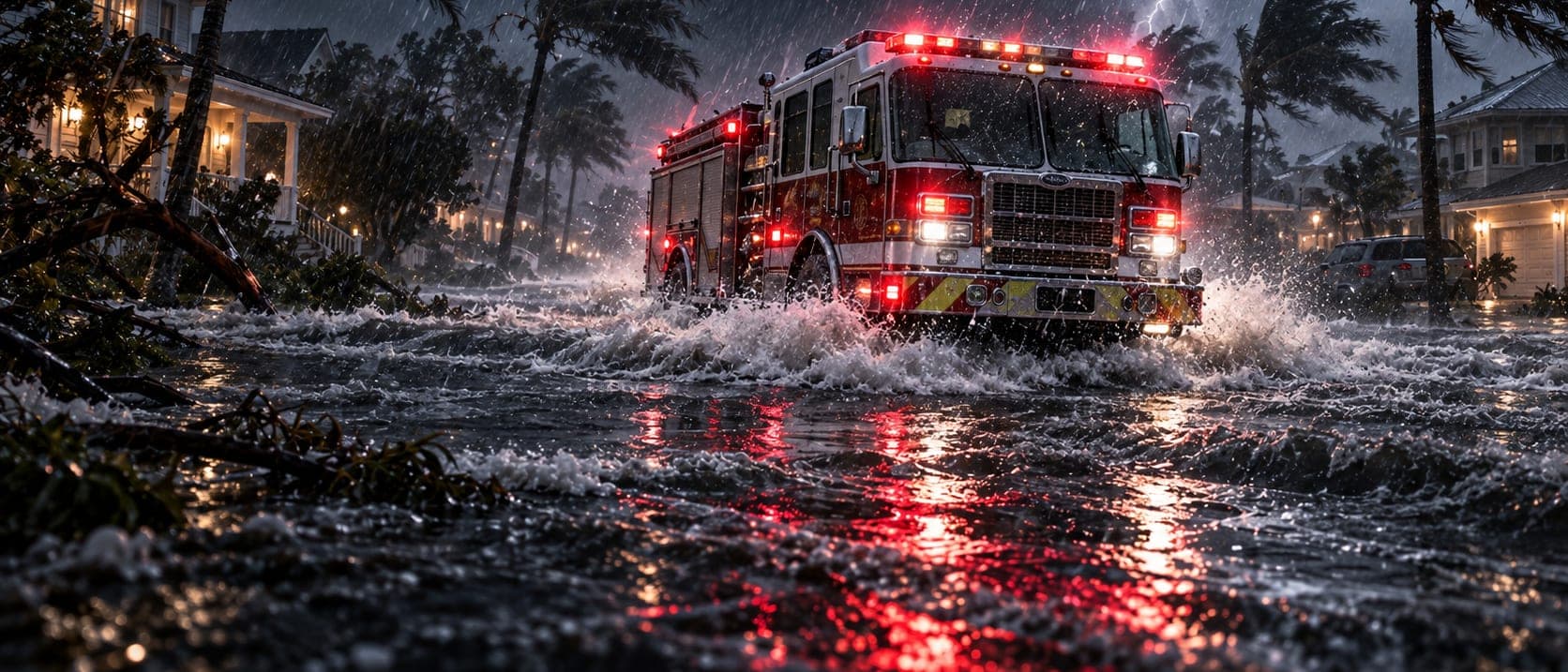 A fire engine with its lights on driving through floodwater on a residential street at night, palms bent by the wind