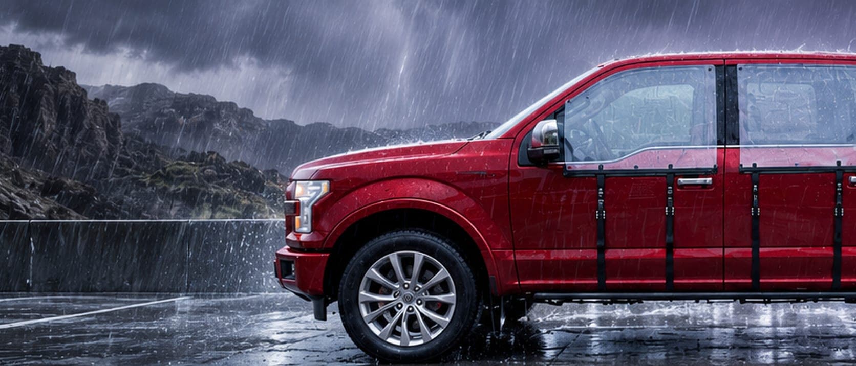 Close on a red pickup with WHIP guards strapped over its doors, parked in heavy rain below rocky hills