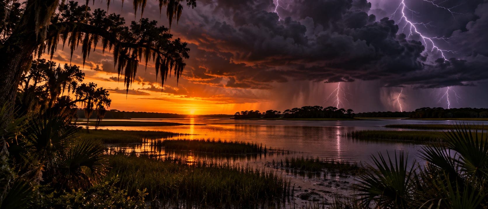 Live oaks draped in Spanish moss over a Lowcountry marsh at sunset, purple lightning in the storm behind
