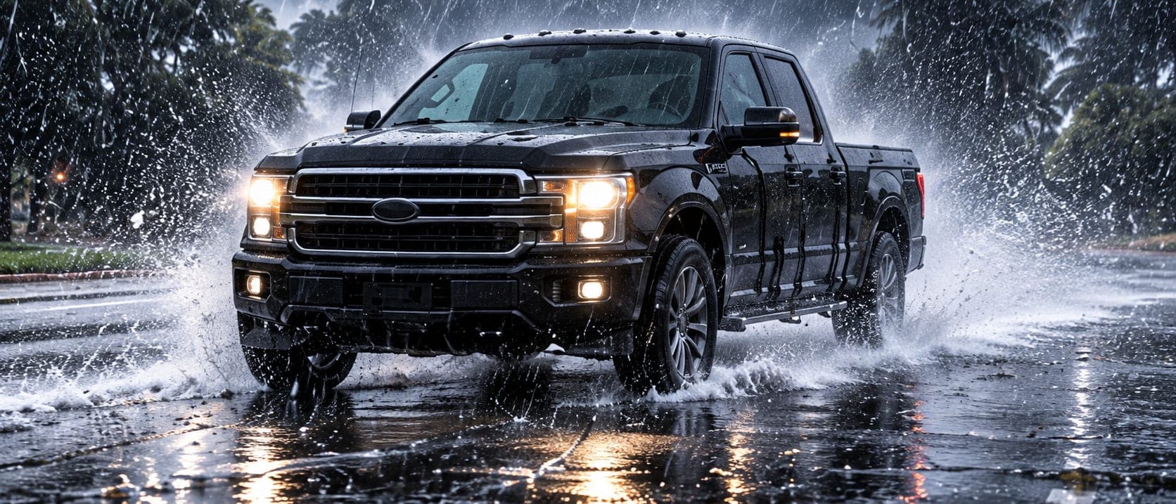 A black pickup with a WHIP guard on each door driving through heavy rain, water spraying from the wheels, palms behind