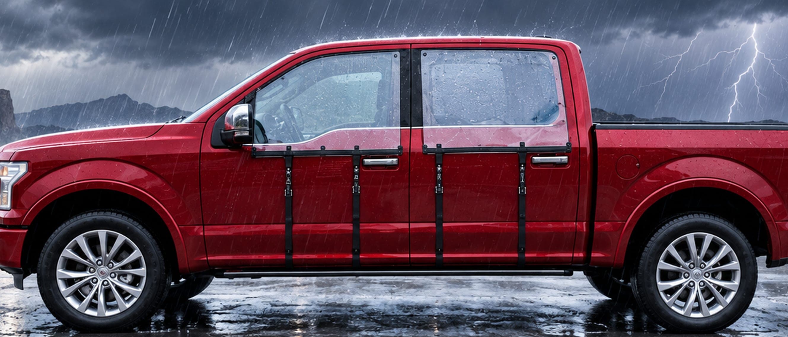 A red pickup in clean side profile with a kit strapped over each door, a canyon wall and storm light behind it