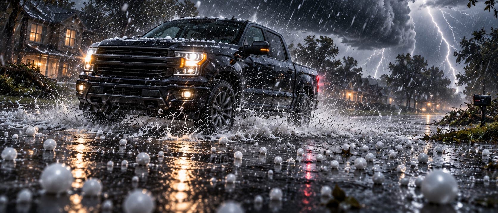 A black pickup driving through a hailstorm on a suburban street at night, hail on the ground, lightning behind