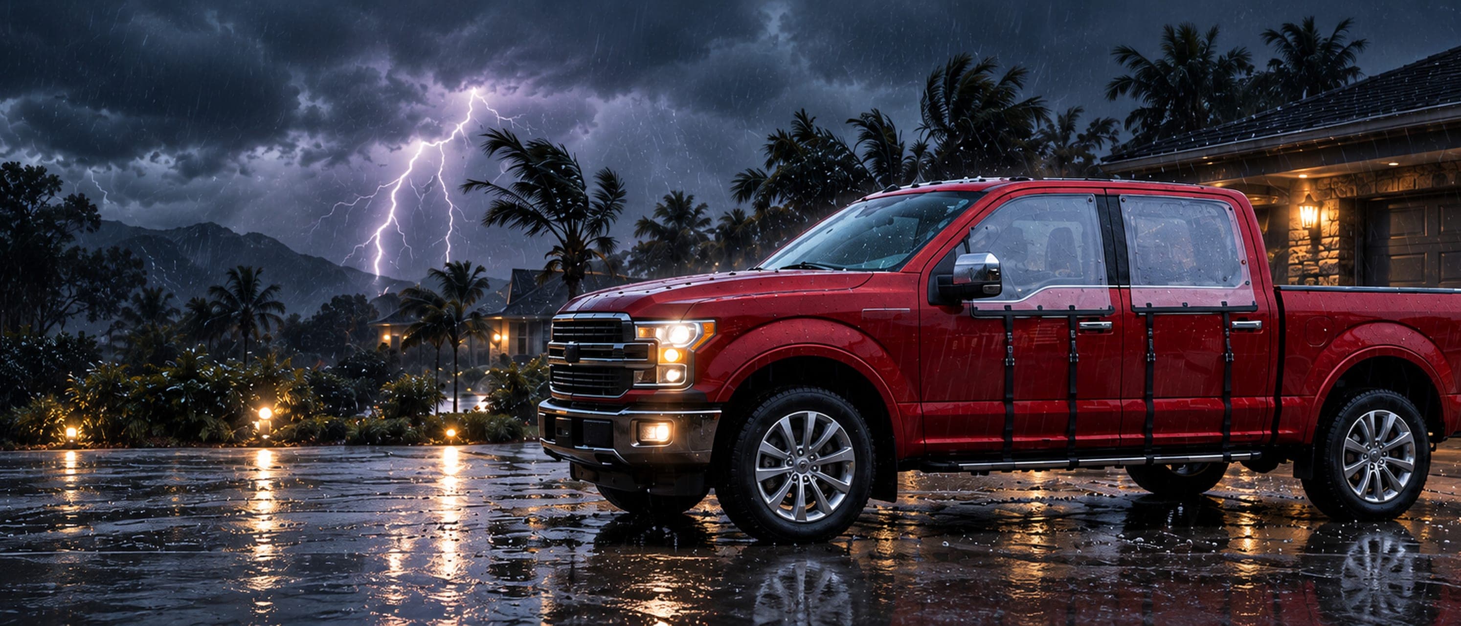 A red pickup with a WHIP guard on each door parked in a driveway at night beside a lit garage, lightning behind the palms
