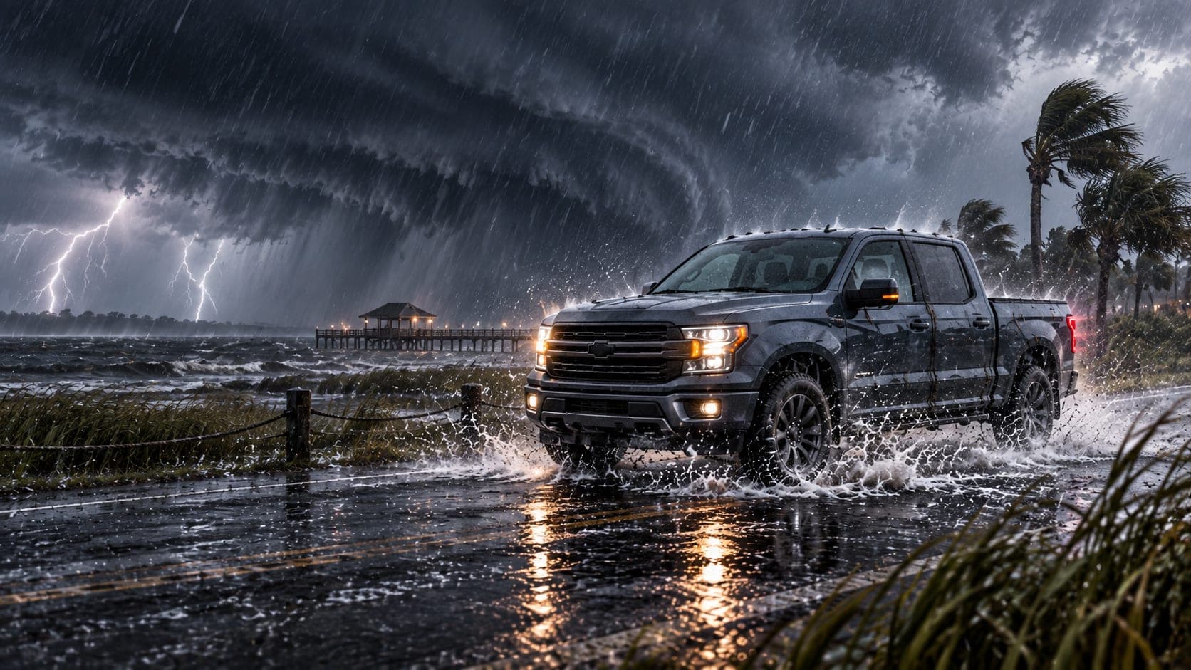 A dark gray pickup splashing along a wet waterfront road, palms bending in the wind and lightning over a pier behind it