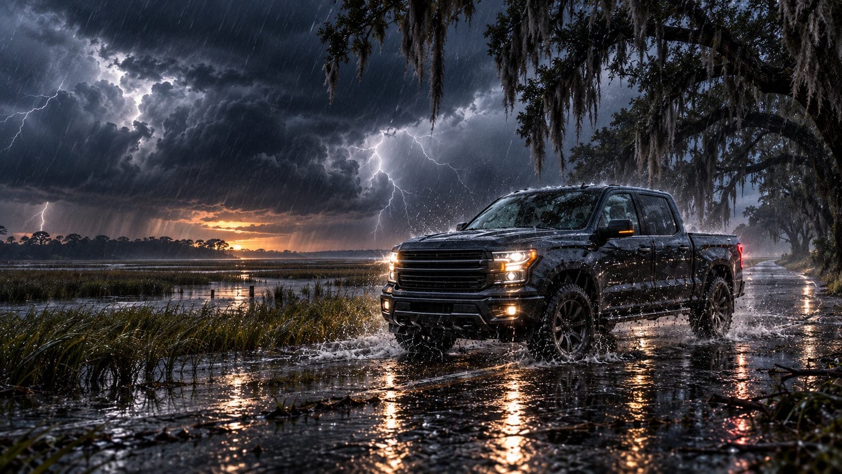 A black pickup splashing along a rain-flooded road beside a salt marsh, moss-draped oaks overhead and lightning at sunset