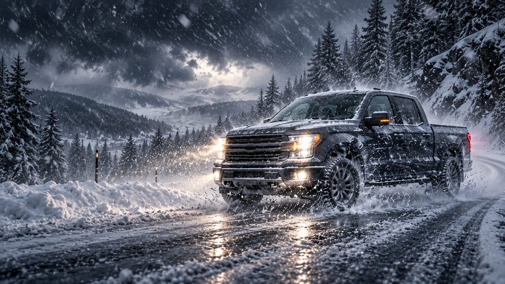 A dark gray pickup kicking up snow on a mountain road through pine forest in a heavy snowstorm