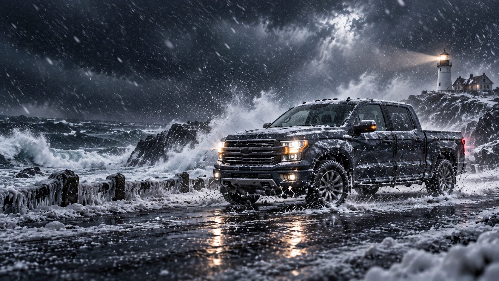 A black pickup on an icy coastal road as waves break over the rocks, snow falling and a lighthouse behind it
