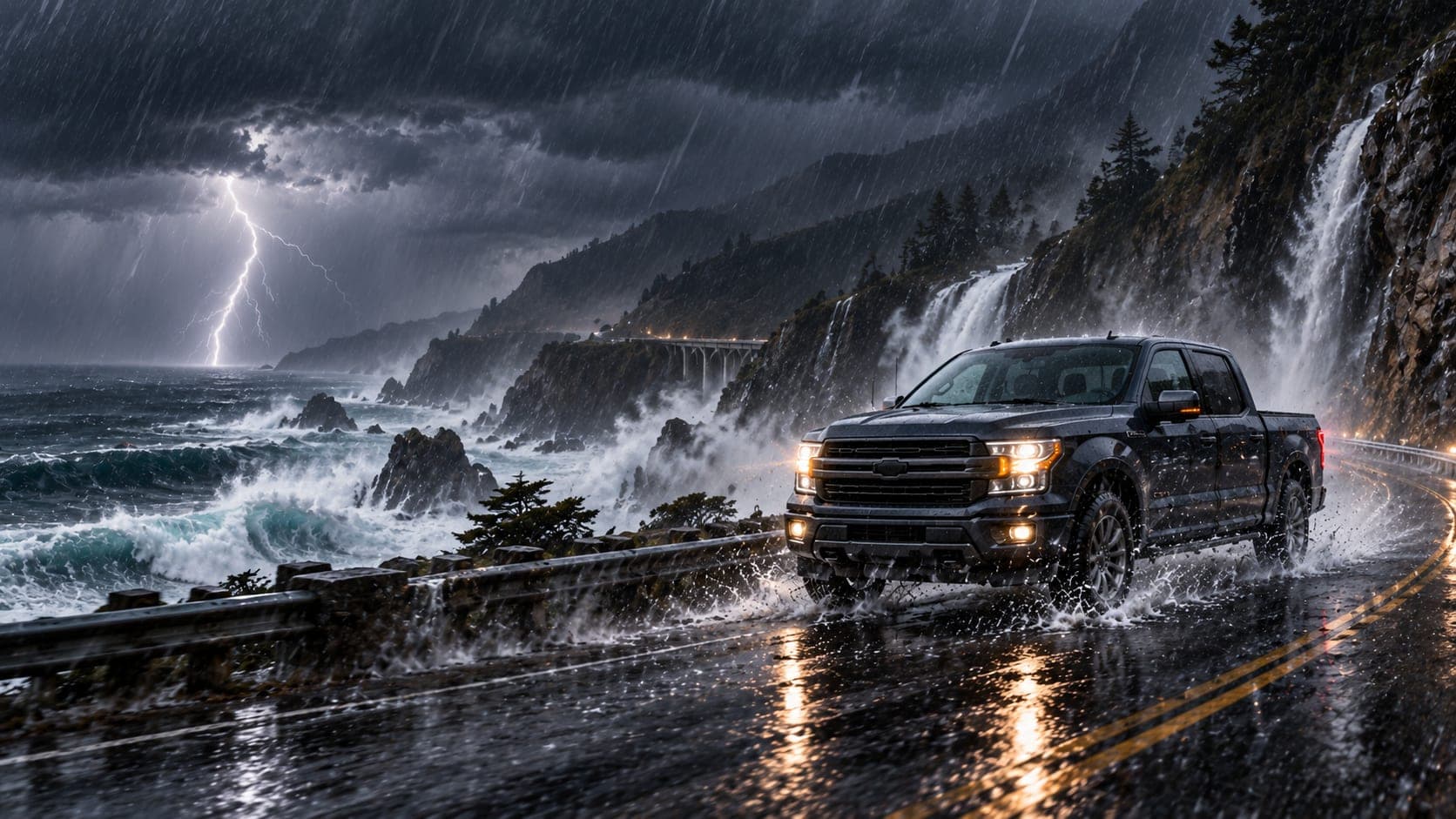 A black pickup on a wet coastal highway beside rocky cliffs and waterfalls, big surf below and lightning over the sea