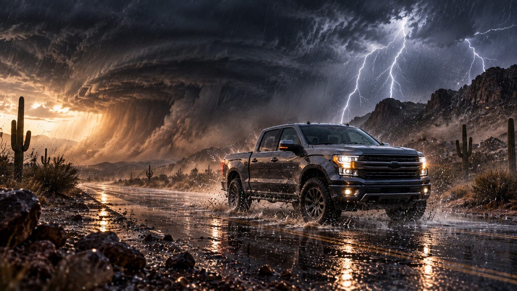 A dark gray pickup on a wet desert highway between saguaro cactus, a dusty storm and lightning over the rocky hills