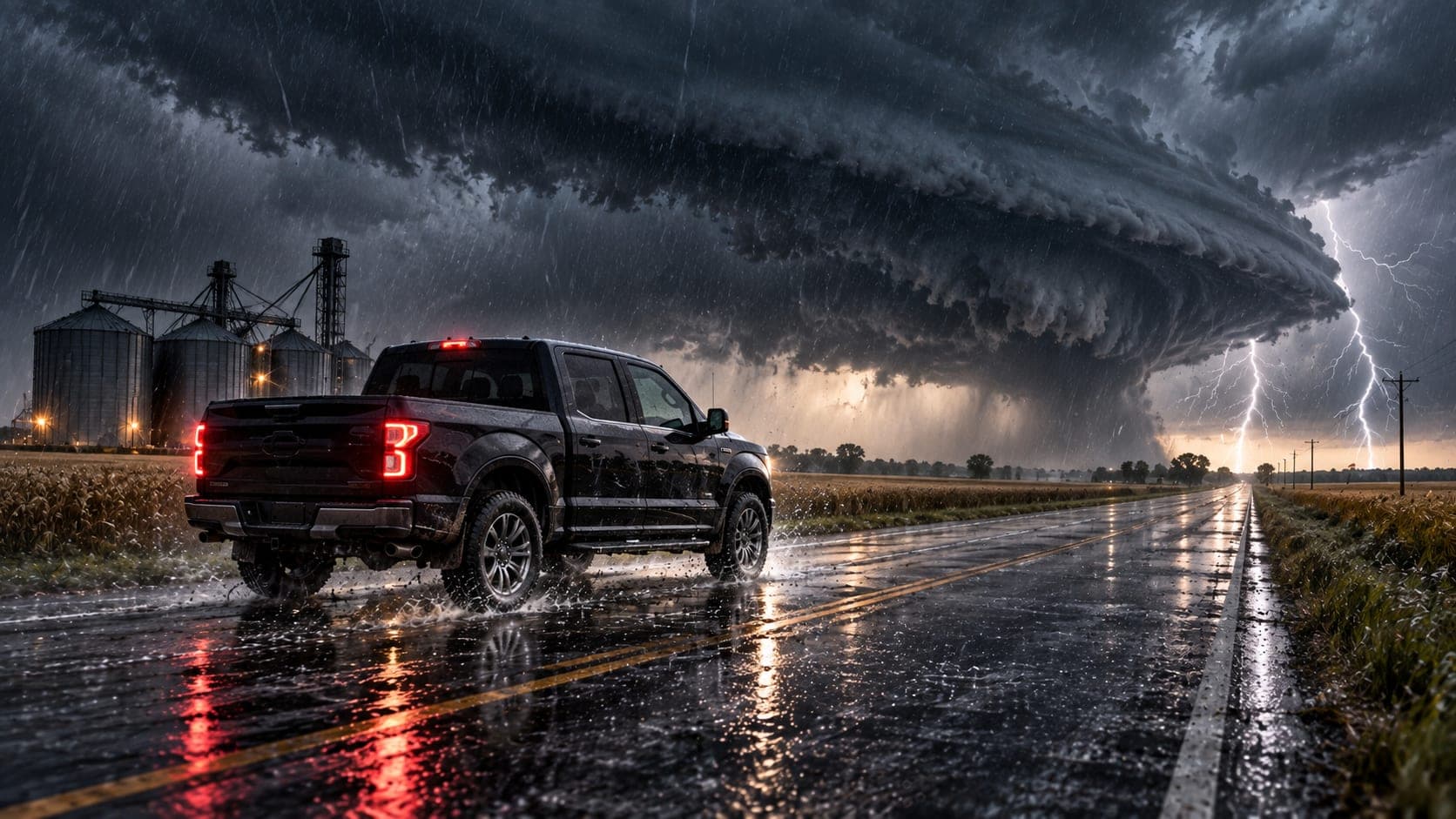 A black pickup seen from behind on a wet two-lane road past grain silos and cornfields, a huge rotating storm cloud ahead