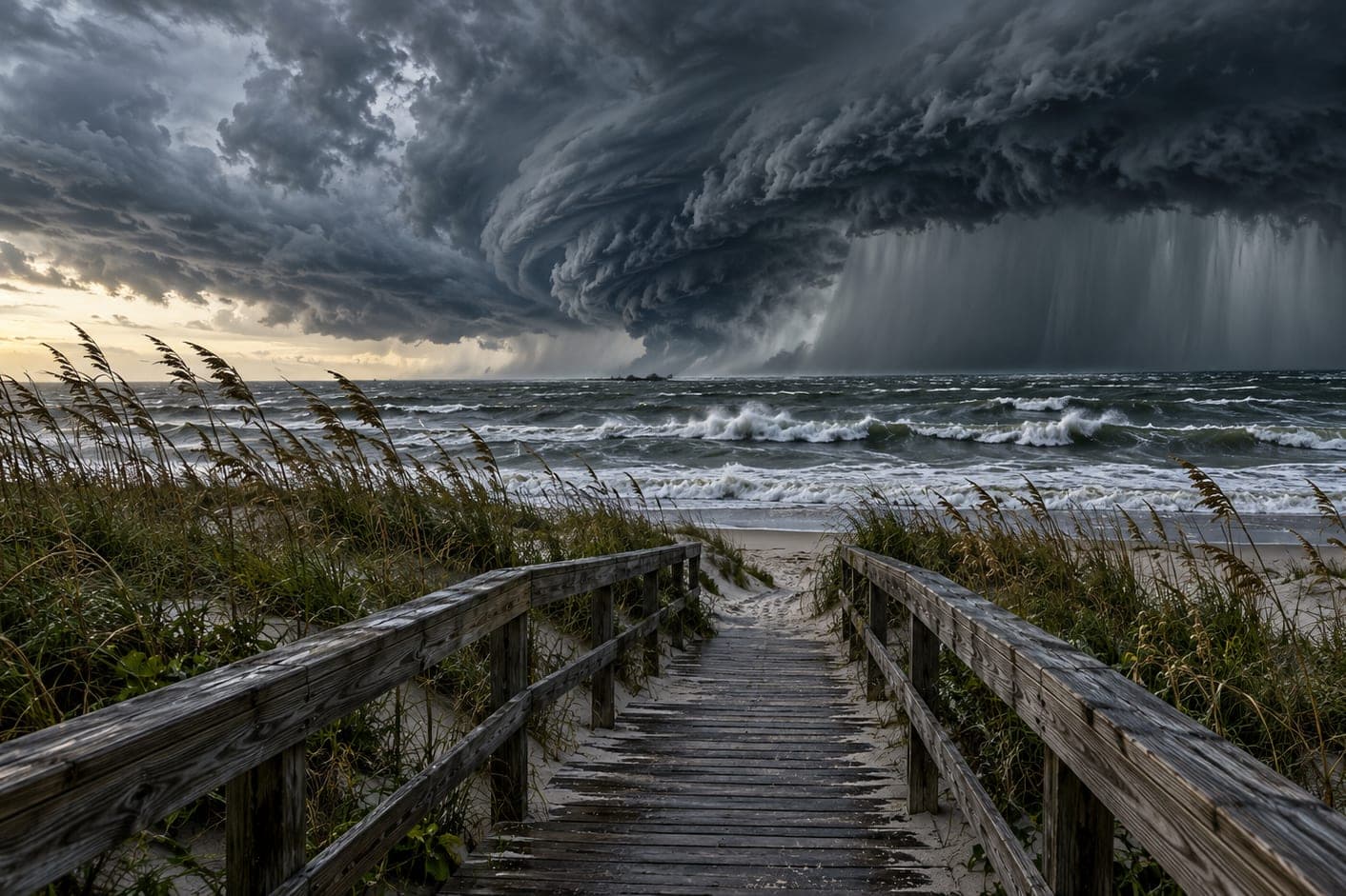 A wooden boardwalk through sea oats to the beach, rough surf and a dark rotating storm cloud over the water