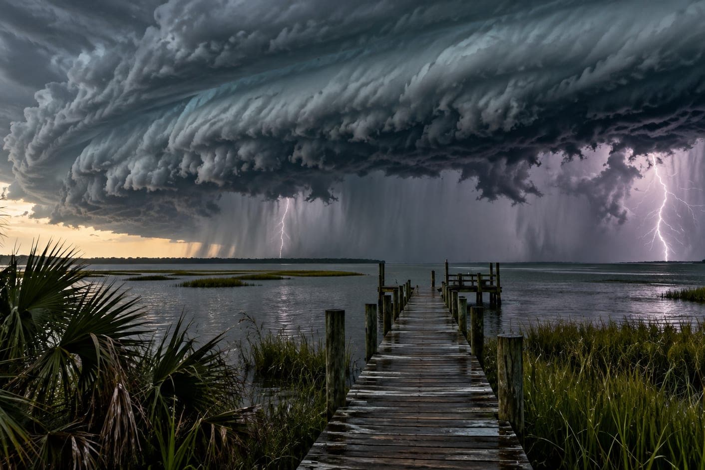A wooden dock running into a salt marsh under a huge storm cloud, rain shafts and lightning over the water