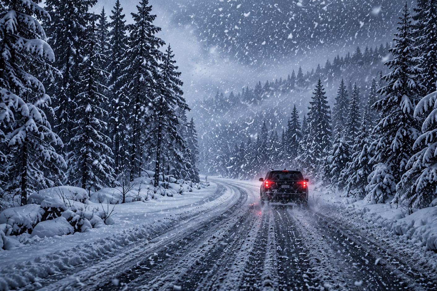 An SUV seen from behind on a snow-covered mountain road between tall pines in heavy falling snow