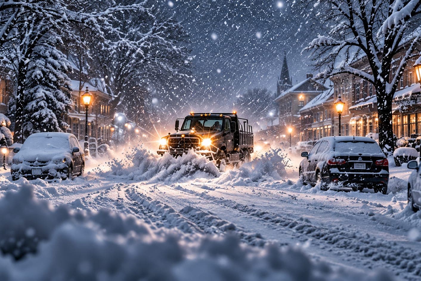 A dump truck plowing through deep snow on a lamplit town street at night, parked cars buried along the curbs