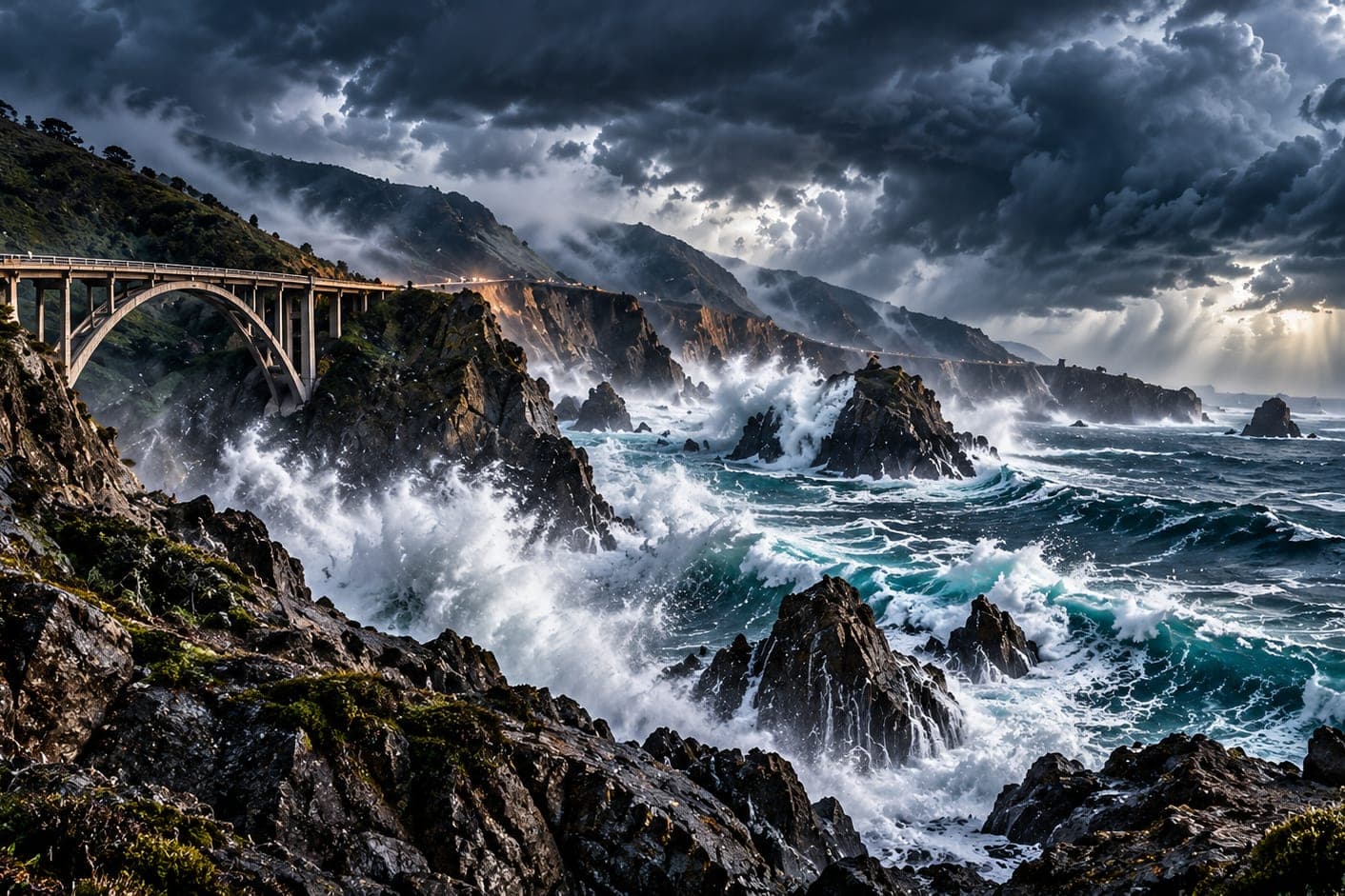 Storm waves crashing on a rocky coastline below an arched concrete bridge, dark clouds over the hills