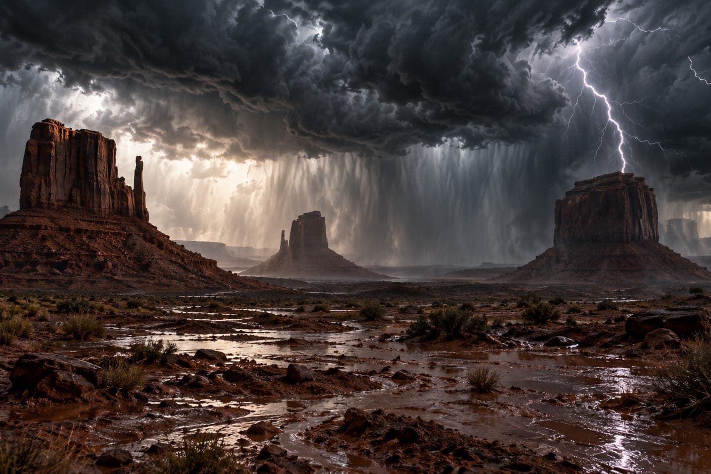 Red sandstone buttes under a dark thunderstorm, lightning striking as rain runoff pools across the desert floor