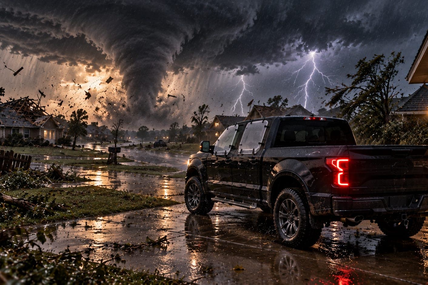 A black pickup seen from behind on a suburban street as a tornado tears through the houses beyond, debris in the air