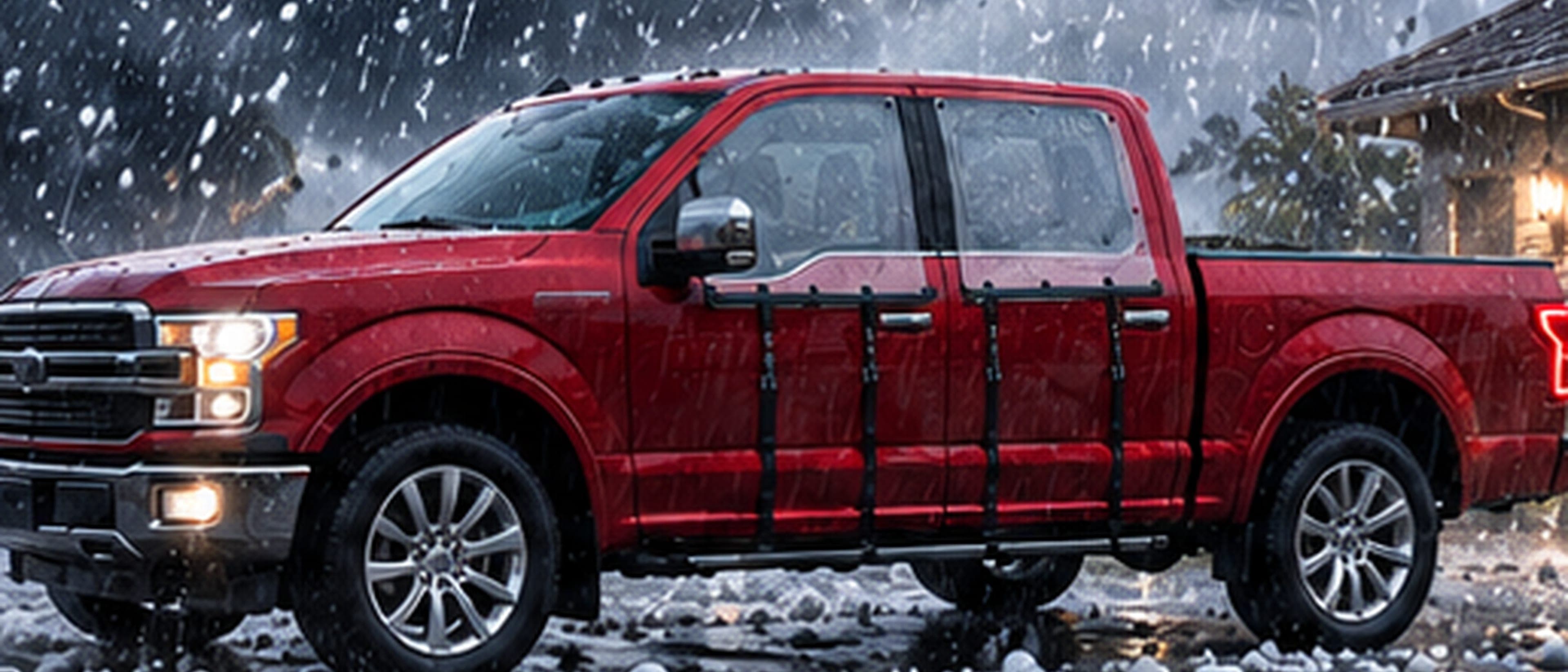 A red pickup with WHIP guards strapped over its doors, parked beside a house as hail falls and covers the ground