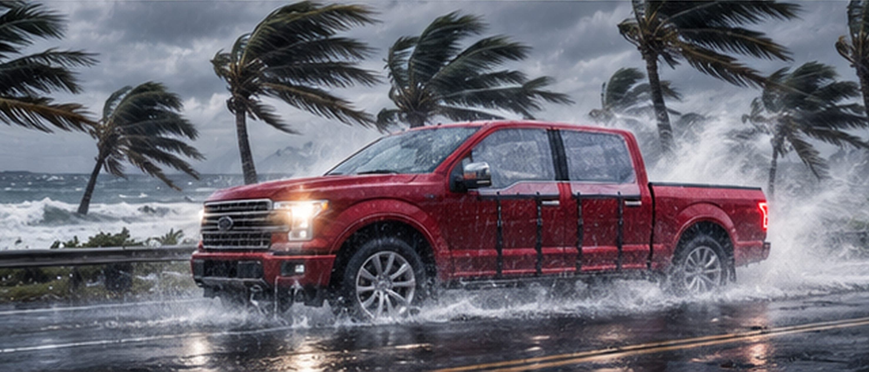 A red pickup with WHIP guards strapped over its doors splashing along a coastal road as palms bend and waves break behind it