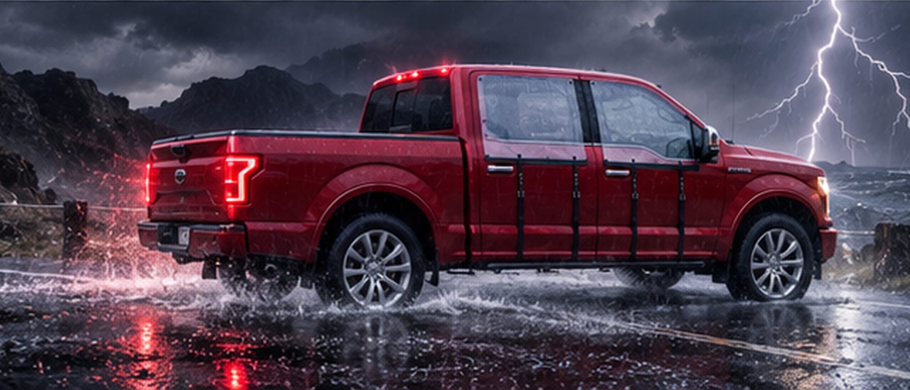 A red pickup with WHIP guards strapped over its doors, seen from behind on a wet road as lightning strikes over the water