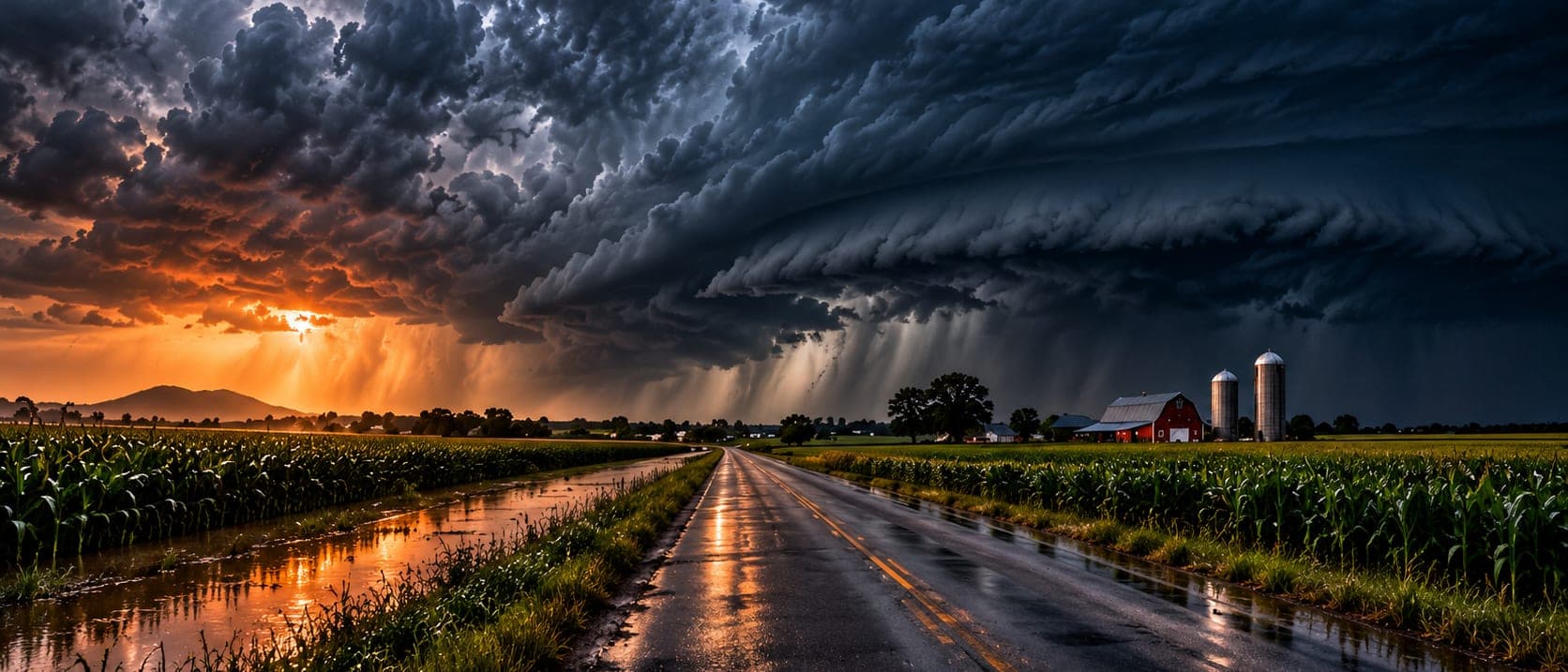 A wet country road running between cornfields toward a red barn and silos under a dark storm cloud at sunset