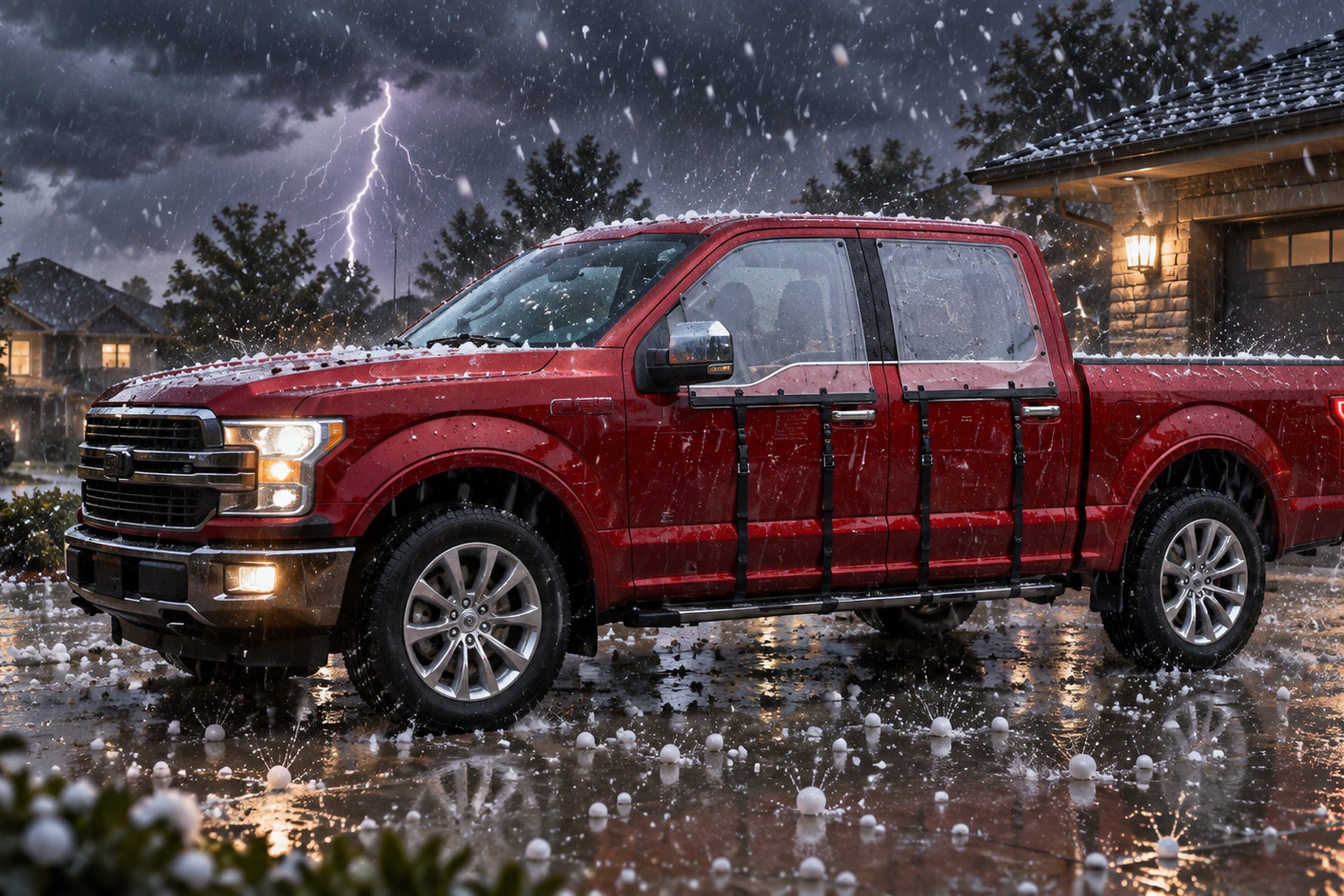 A red pickup with WHIP guards strapped over its doors, parked in a driveway as hail bounces around it and lightning strikes