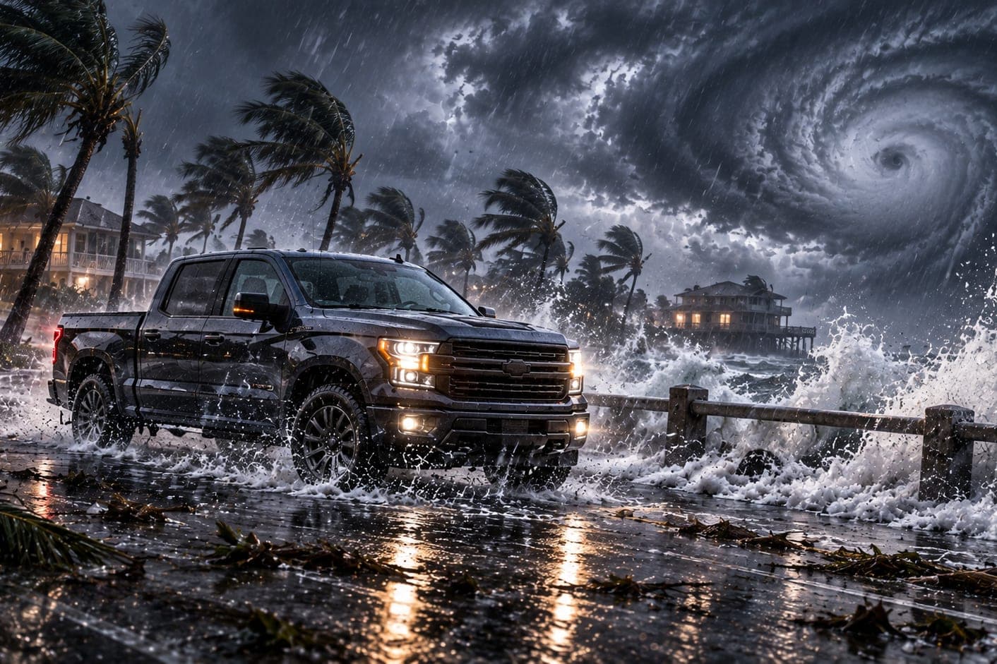 A black pickup on a seawall road as surf sprays over the rail, palms bending and a hurricane spiral in the sky