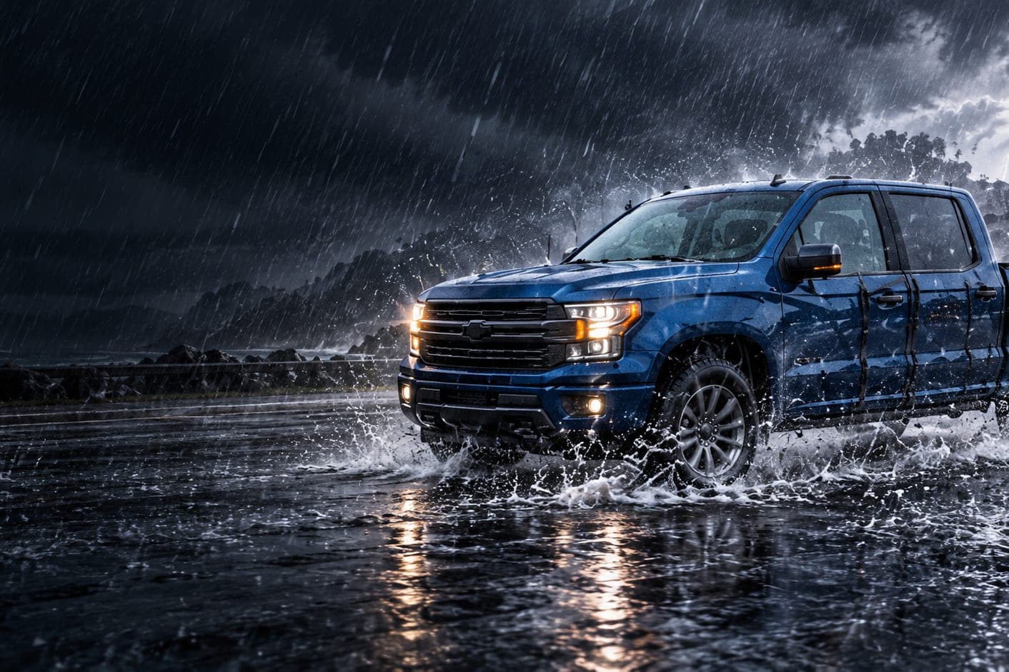 A blue pickup splashing through standing water on a dark road in pouring rain, rocky hills behind it