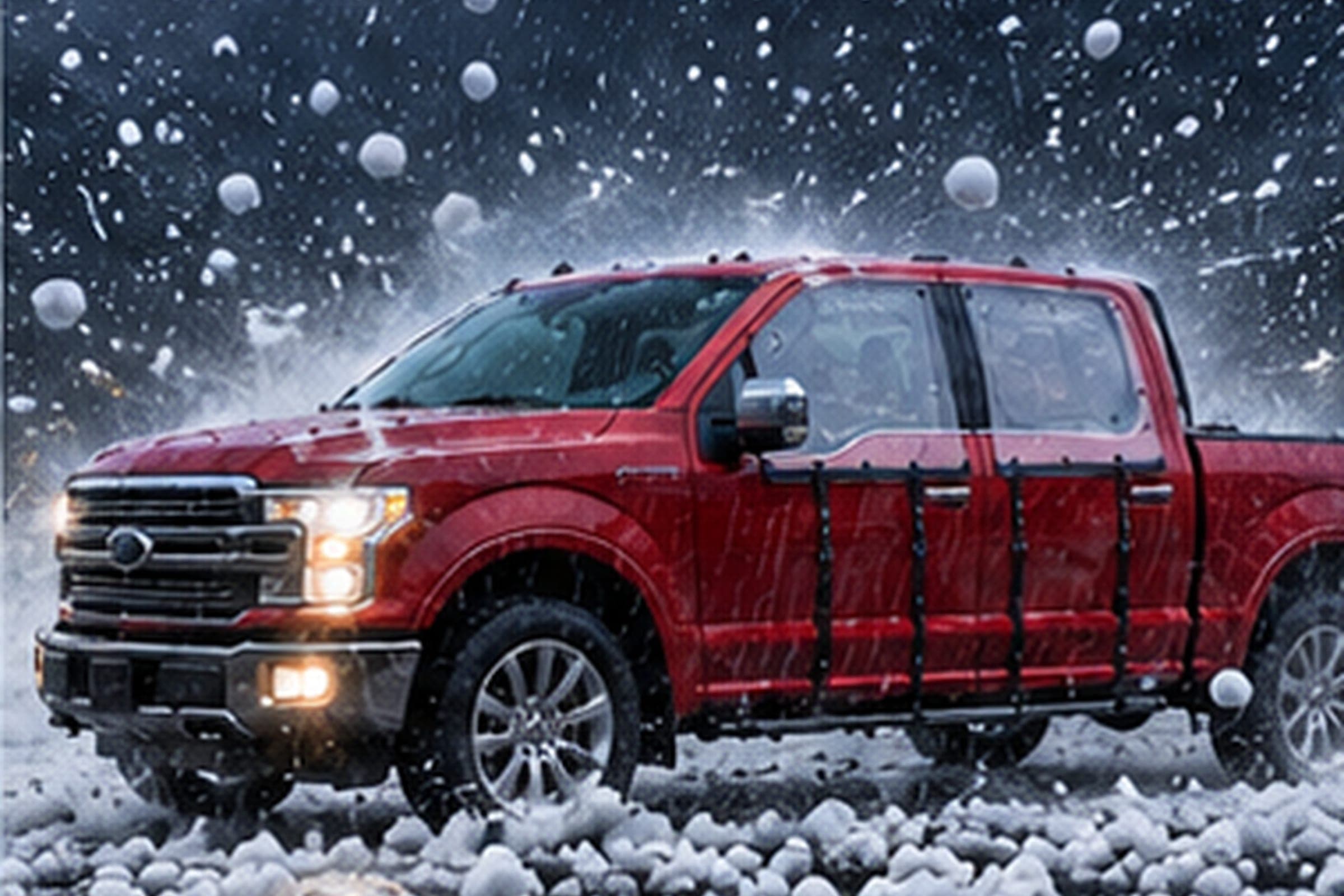 A red pickup with WHIP guards strapped over its doors, large hailstones falling around it and piling on the ground