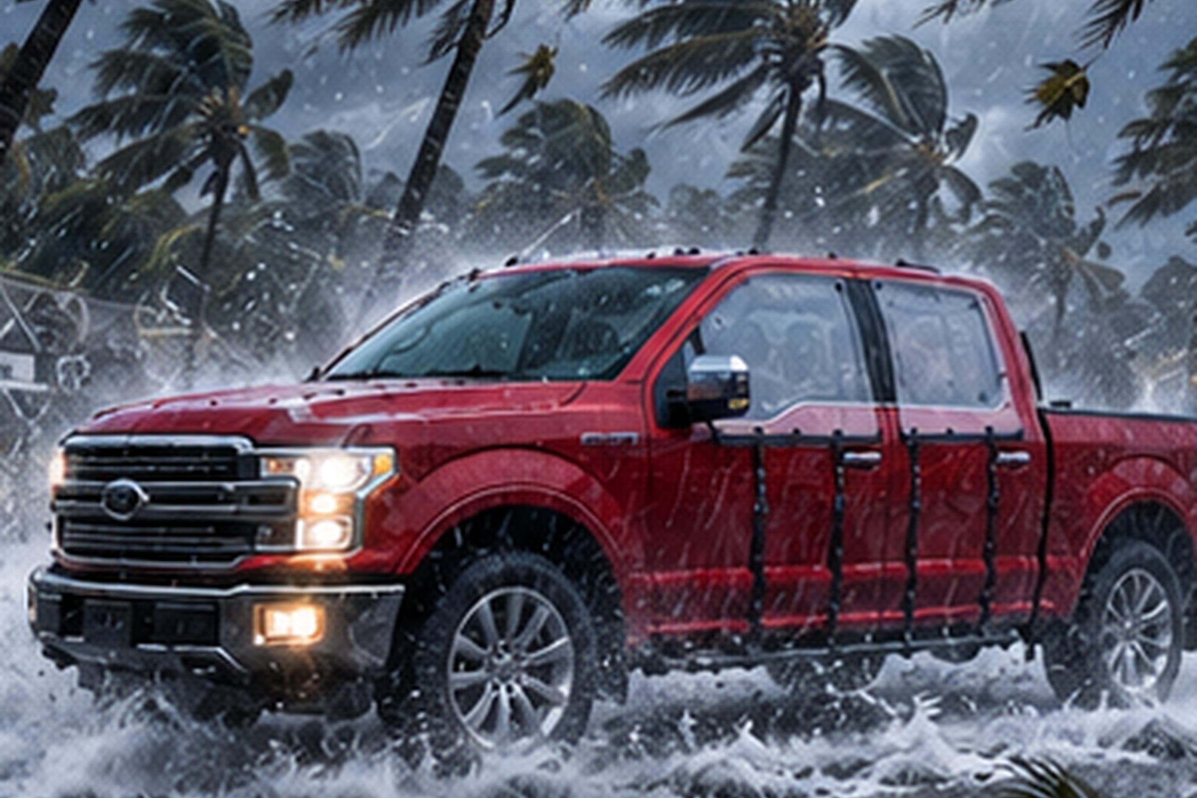 A red pickup with WHIP guards strapped over its doors driving through deep, churning floodwater as palms bend in hurricane wind