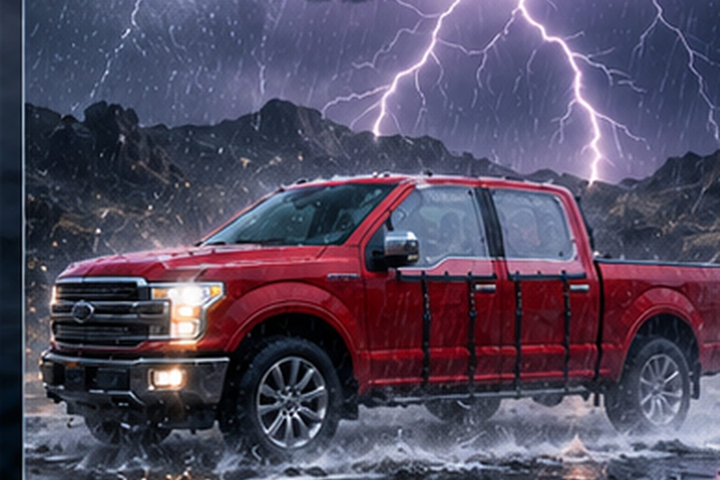 A red pickup with WHIP guards strapped over its doors in heavy rain, lightning striking the dark hills behind it