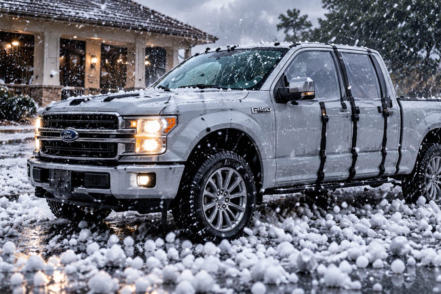 A silver pickup with WHIP guard straps over its doors, parked by a house as hailstones pile up around it
