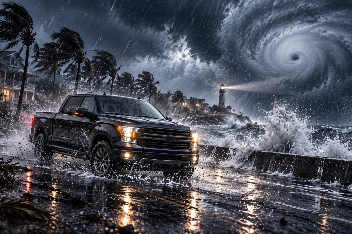 A black pickup on a seawall road as waves break beside it, a lighthouse ahead and a hurricane spiral overhead