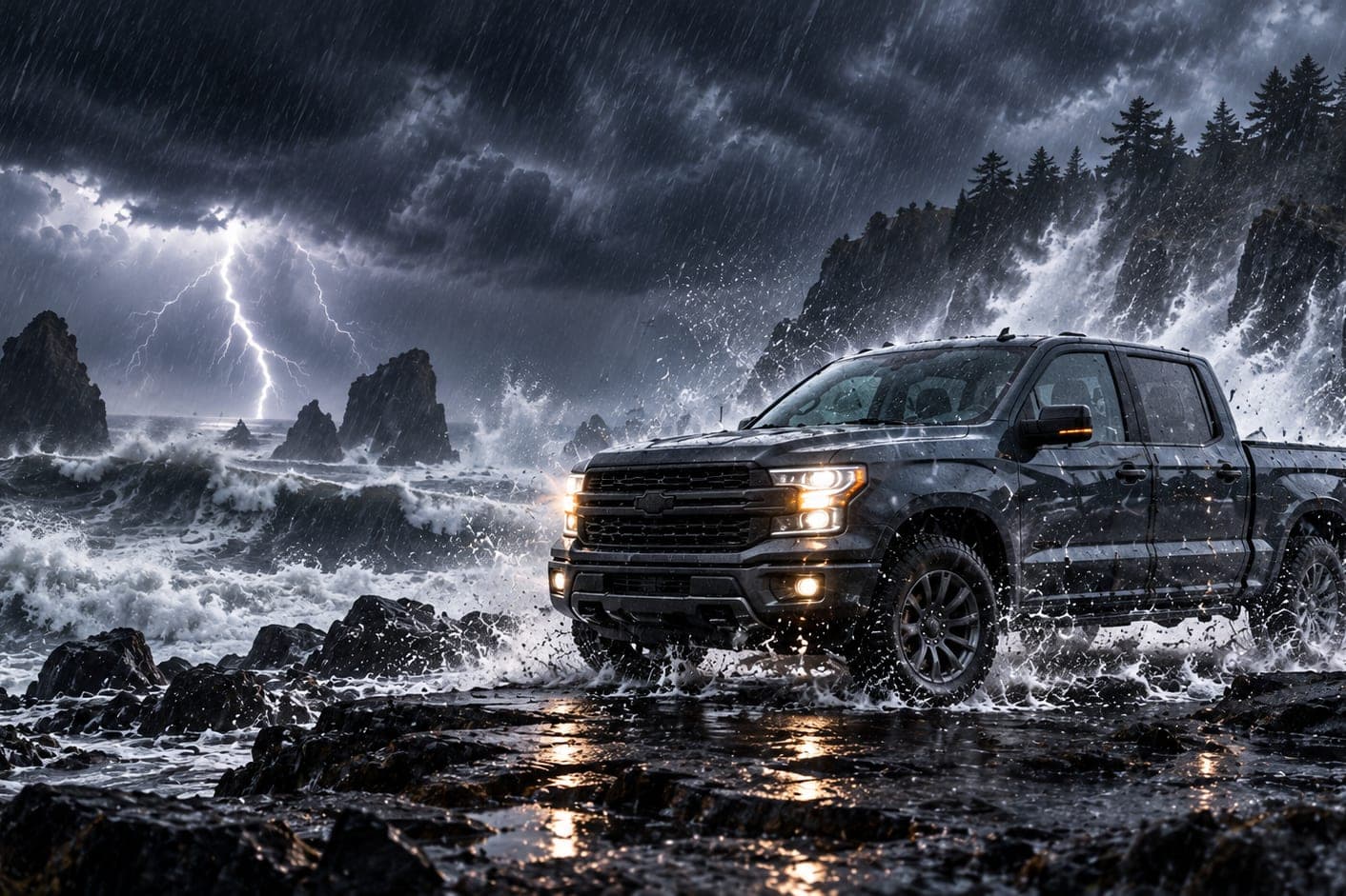 A dark gray pickup splashing across a wet, rocky shoreline as storm waves break and lightning strikes offshore